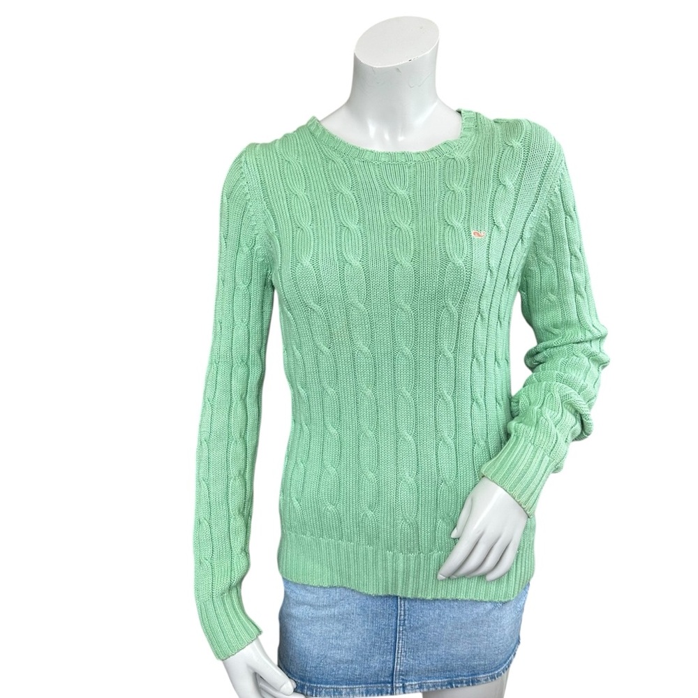 Vineyard Vines Pastel Green Cableknit Orange Whale Logo Crewneck Sweater Medium
